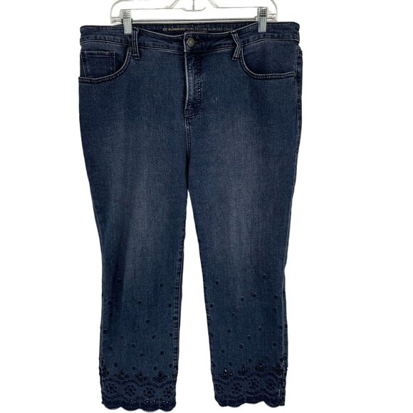 Chicos 2.5 Girlfriend Slim Crop Jeans Size 14 Embroidered Eyelet Hem Blue Denim - Picture 2 of 14